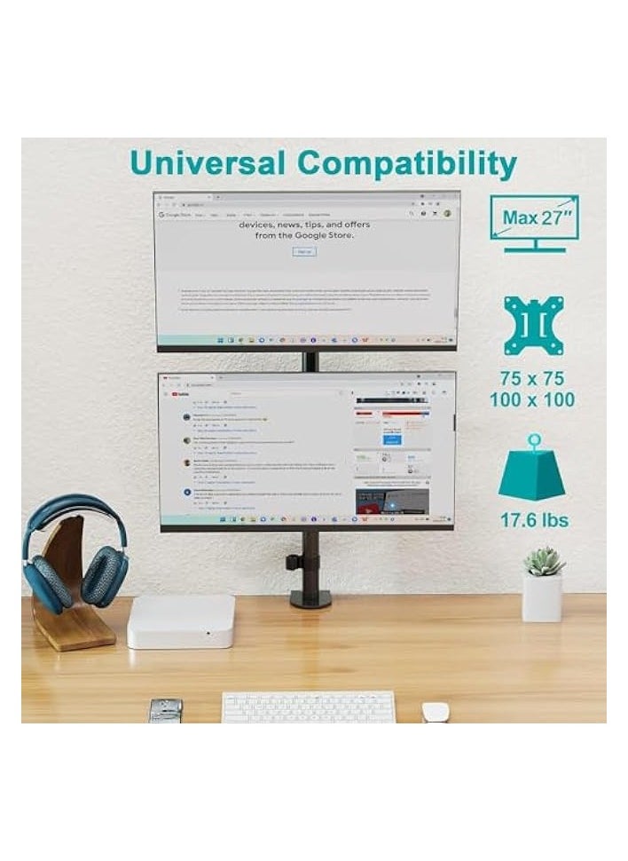 erorex - 3Clock Vertical Dual Monitor Stand, Stacked Monitor Mount for 2 Monitors Up to 27 inches, Computer Monitor Arm with Swivel, Tilt, Height Adjustable, Each Monitor Desk Mount Holds up to 8kg - Image 1