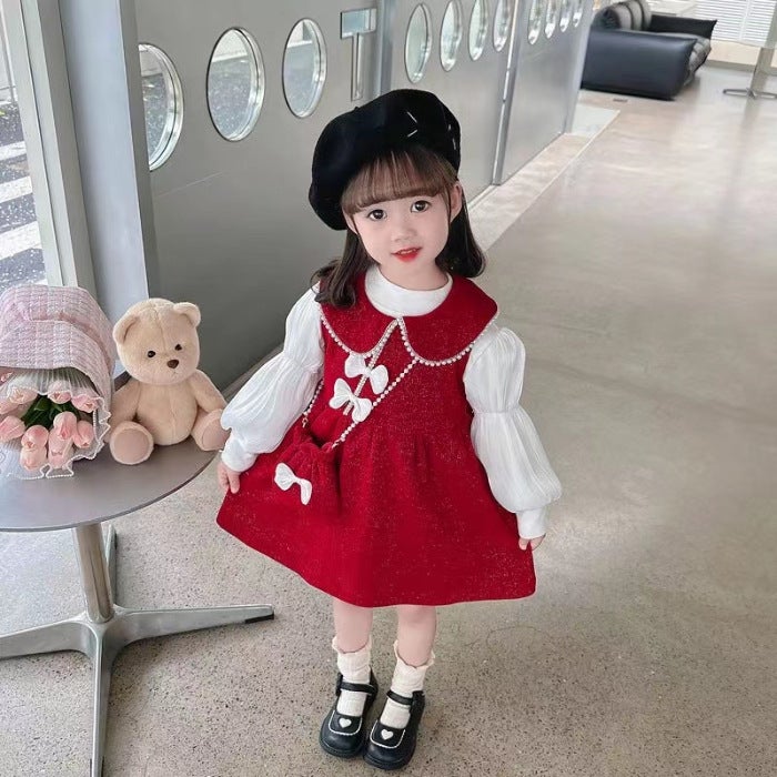 Sweet Girl Wearing Dress 2024 Fall/Winter Doll Collar Beaded Bow Vest dress Long Sleeve Top Red