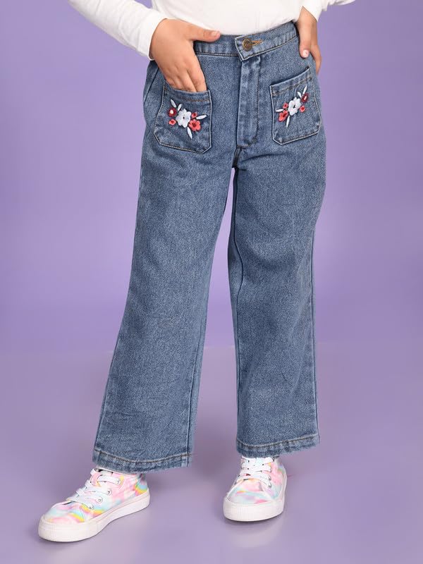 superminis Girls Regular Fit Mid Rise Denim Jeans/Pants with Front Pocket Embroidery (3-4 Years, Blue) - Image 2