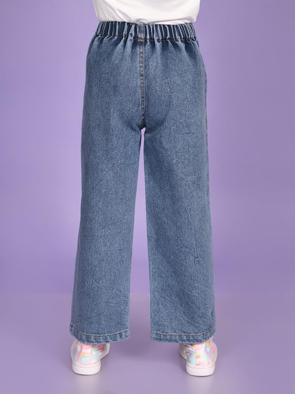 superminis Girls Regular Fit Mid Rise Denim Jeans/Pants with Front Pocket Embroidery (3-4 Years, Blue) - Image 3