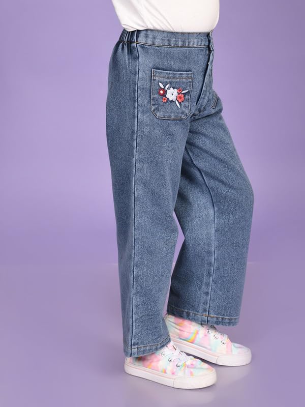 superminis Girls Regular Fit Mid Rise Denim Jeans/Pants with Front Pocket Embroidery (3-4 Years, Blue) - Image 4