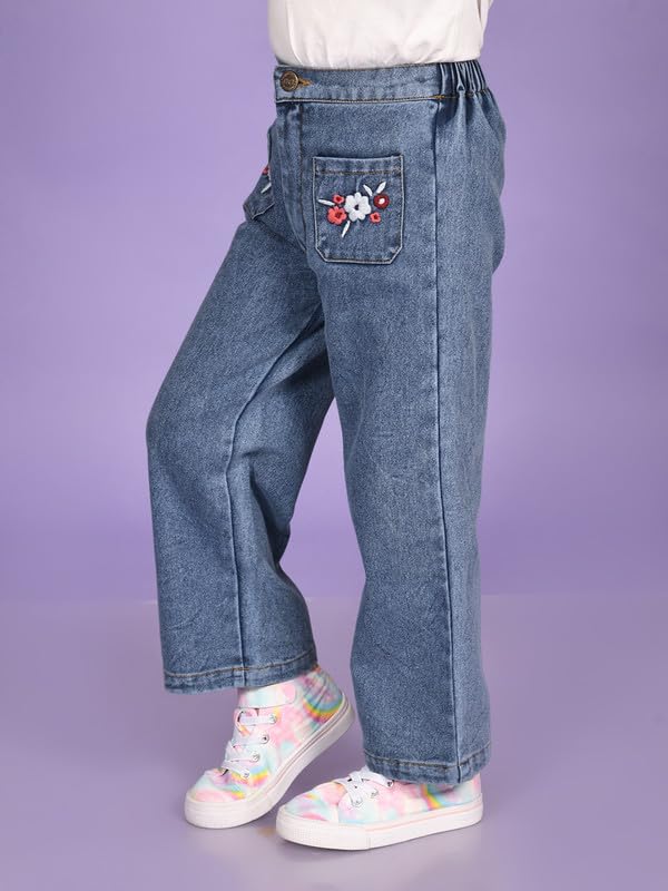 superminis Girls Regular Fit Mid Rise Denim Jeans/Pants with Front Pocket Embroidery (3-4 Years, Blue) - Image 5