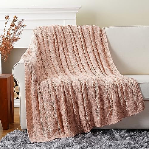 Battilo Blush Cable Knit Throw Blankets for Couch Bed Sofa, Acrylic Knitted Blanket, Soft Cozy Throw Blanket, 50" x 60" - Image 2