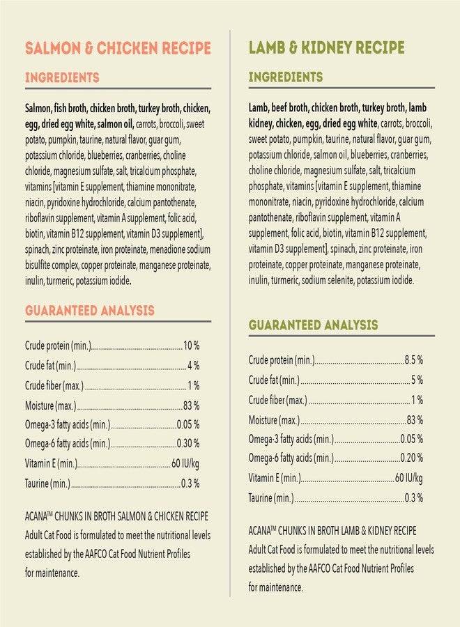 (أسنى) مجموعة متنوعة من طعام القطط الرطب ACANA Chunks in Broth: وصفات سمك السلمون والدجاج + وصفات لحم الضأن والكلى، علب 3 أونصة (12 علبة، 6 علب من كل نوع) - Image 5