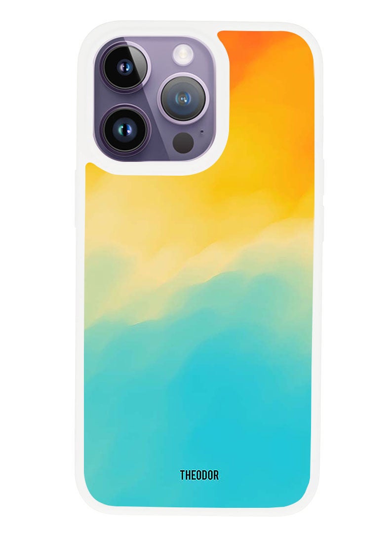 Theodor Protective Case Anti Scratch Shock Proof Cover For APPLE IPHONE 14 PRO Shades Of Orange Yellow Blue (White Bumper) - Image 1