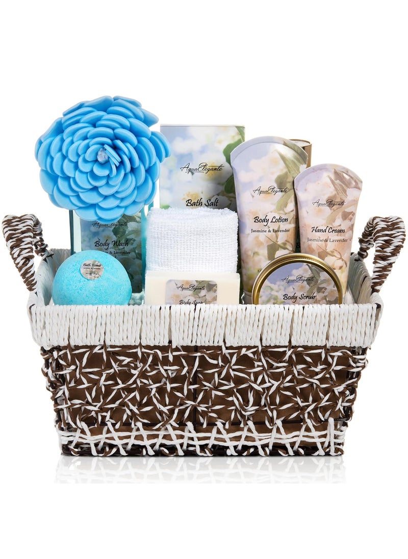 Aqua Elegante - Spa Baskets For Women - Luxury Bath Set With Jasmine & Lavender - Spa Kit Includes Wash, Bubble Bath, Lotion, Bath Salts, Body Scrub, Hand Cream, Shower Puff, Bathbombs, Soap and Towel - Image 1