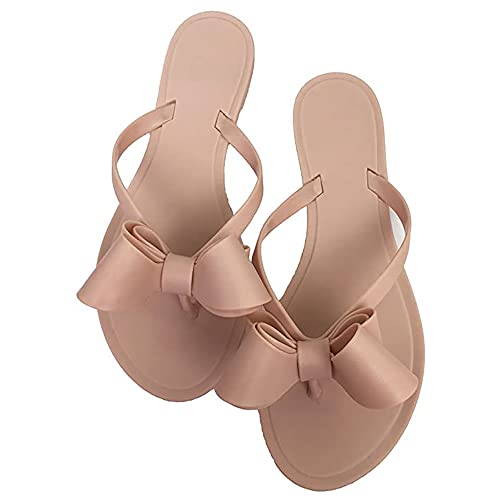 Mtzyoa Women Flip-Flops Bow Sandals Nude Size 9 Beach Dressy Summer Wedding Flat Rivets Rain Jelly Sandals PVC - Image 1