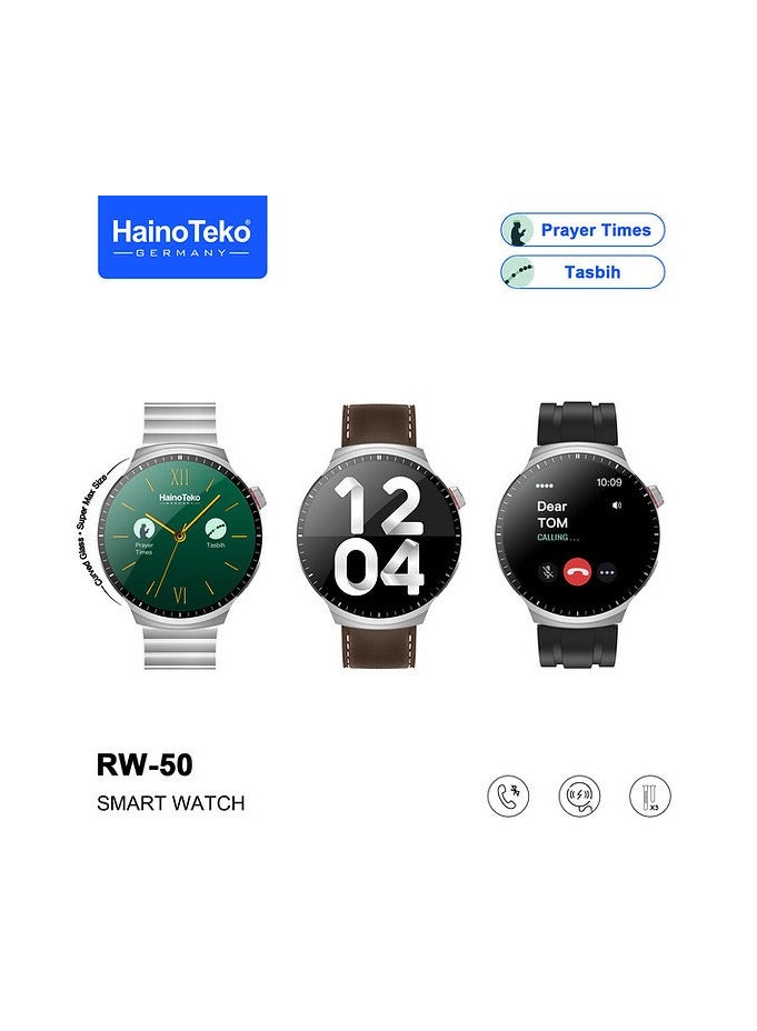 Haino Teko Haino Teko RW50 Super Max Size Round Shape Curved AMOLED Display Smart Watch With 3 Pair Straps For Gents and Boys Silver - Image 1