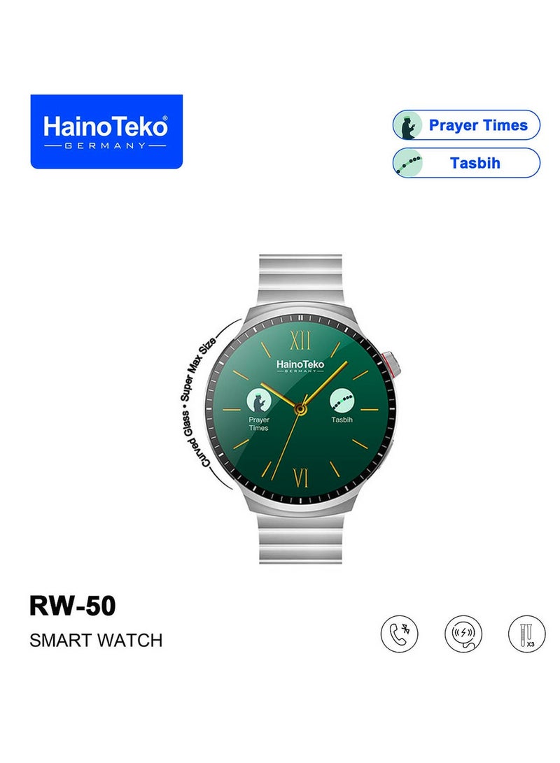 Haino Teko Haino Teko RW50 Super Max Size Round Shape Curved AMOLED Display Smart Watch With 3 Pair Straps For Gents and Boys Silver - Image 2