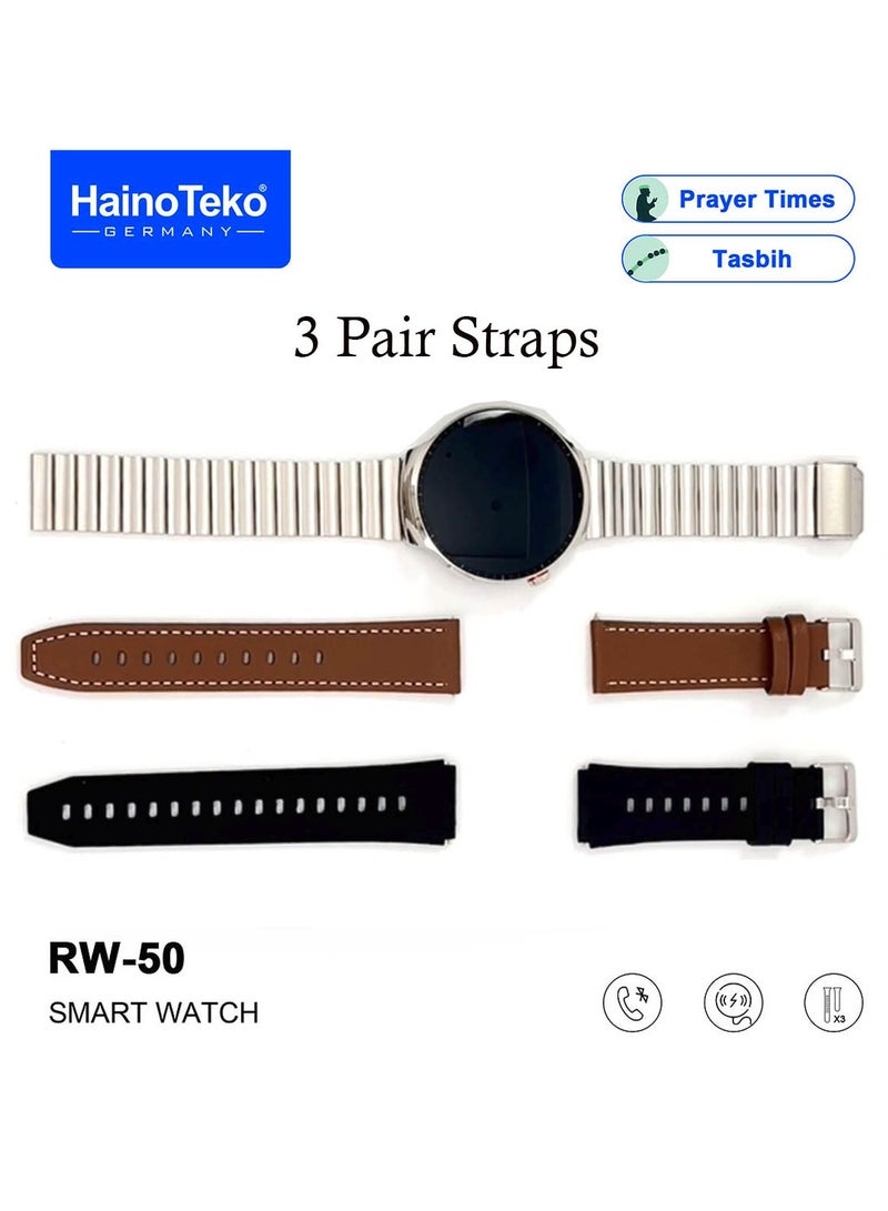Haino Teko Haino Teko RW50 Super Max Size Round Shape Curved AMOLED Display Smart Watch With 3 Pair Straps For Gents and Boys Silver - Image 5