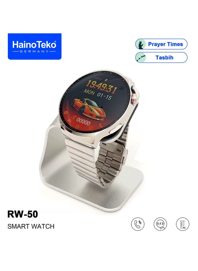 Haino Teko Haino Teko RW50 Super Max Size Round Shape Curved AMOLED Display Smart Watch With 3 Pair Straps For Gents and Boys Silver - Image 3