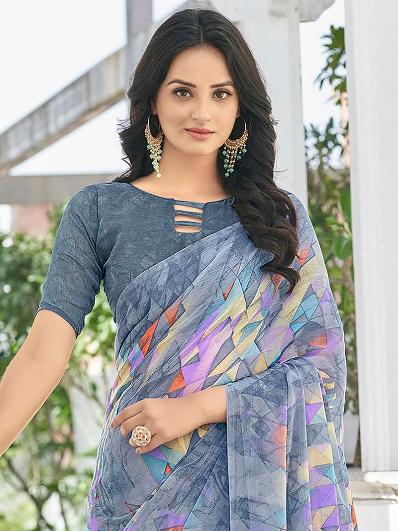 SAREE MALL Women's Chiffon Geometric Printed Saree With Unstitched Blouse Piece(Grey_RUCHI24904A_SM) - Image 2