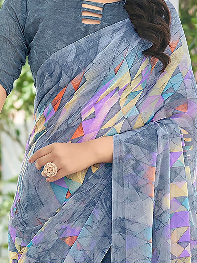 SAREE MALL Women's Chiffon Geometric Printed Saree With Unstitched Blouse Piece(Grey_RUCHI24904A_SM) - Image 3