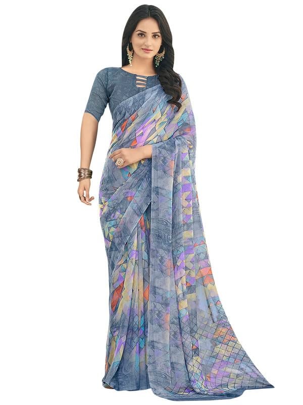 SAREE MALL Women's Chiffon Geometric Printed Saree With Unstitched Blouse Piece(Grey_RUCHI24904A_SM) - Image 1