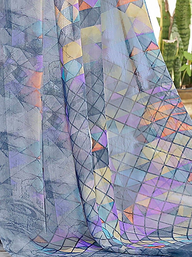 SAREE MALL Women's Chiffon Geometric Printed Saree With Unstitched Blouse Piece(Grey_RUCHI24904A_SM) - Image 4