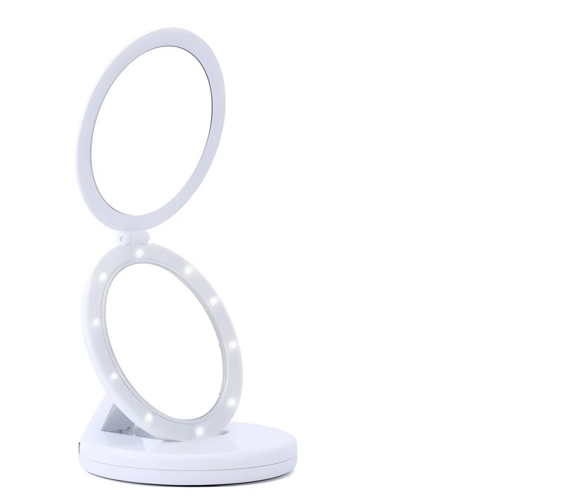 Double Sided Makeup Mirror with LED Lighted, Foldable Travel Mirror, 6.3 Inch Mirror with 5X Magnification, Portable and Practical Vanity Makeup Mirror, Battery or USB Powered for Perfect Lighting