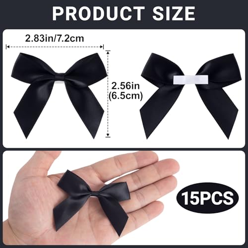 Winsyison 15pcs Mini Self-Adhesive Bows Decor, Soft Satin Ribbon Bowknots, Premade Craft Bows for Flower Packaging Card Making Wedding Birthday Party Setups- Black - Image 2