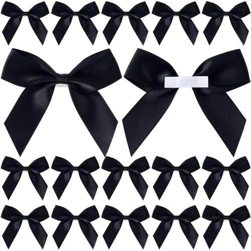 Winsyison 15pcs Mini Self-Adhesive Bows Decor, Soft Satin Ribbon Bowknots, Premade Craft Bows for Flower Packaging Card Making Wedding Birthday Party Setups- Black - Image 1