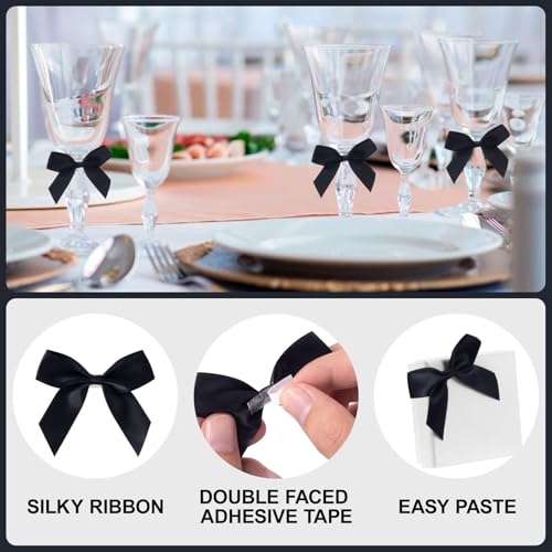 Winsyison 15pcs Mini Self-Adhesive Bows Decor, Soft Satin Ribbon Bowknots, Premade Craft Bows for Flower Packaging Card Making Wedding Birthday Party Setups- Black - Image 4
