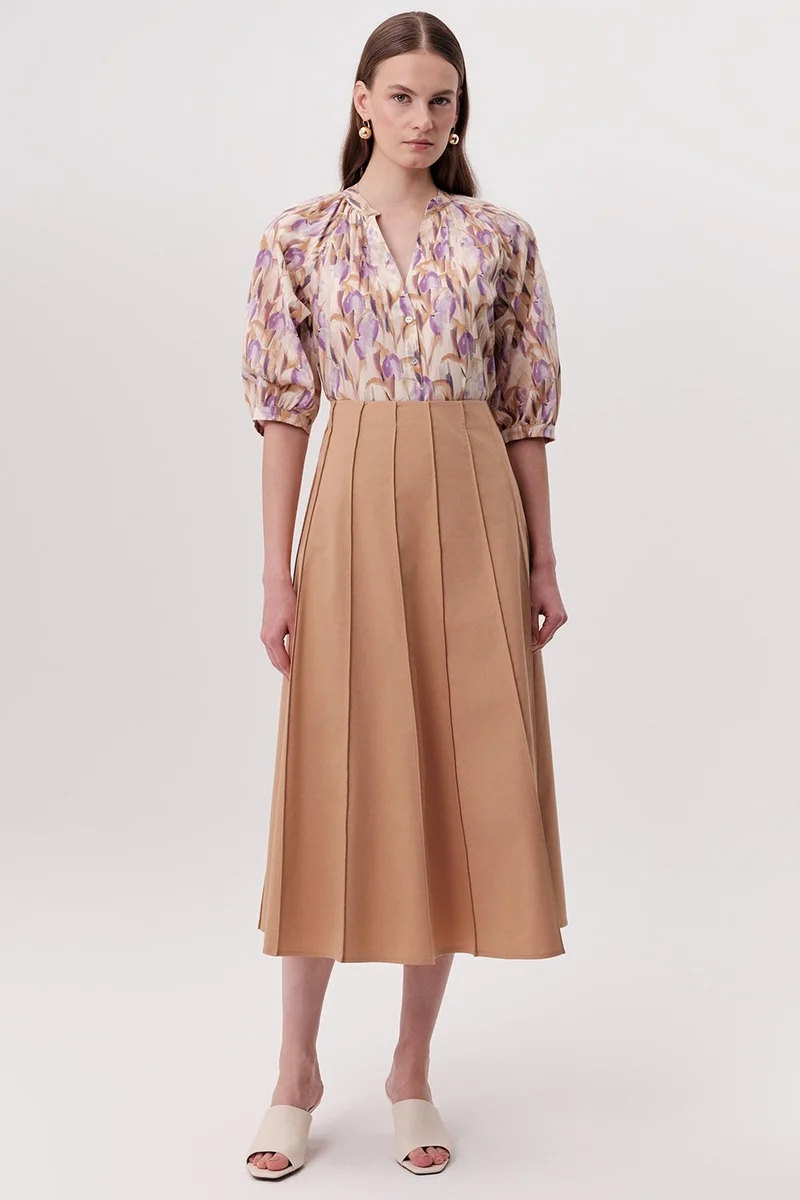 EXQUISE Fitted Multi-Piece Flared Midi Camel Skirt