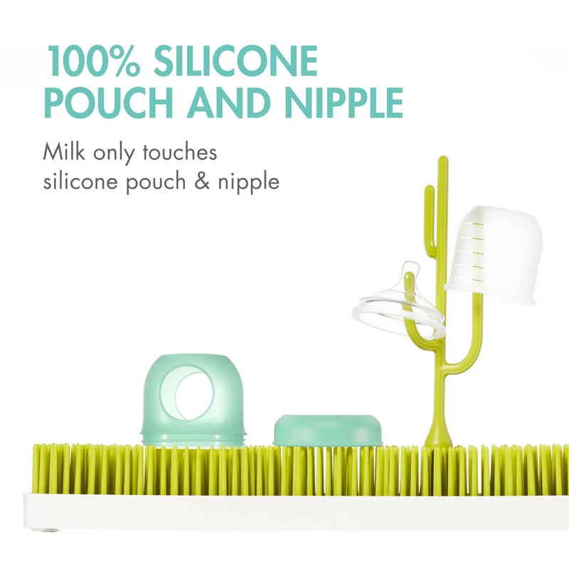 BOON زجاجات بون نورش القابلة لإعادة الاستخدام من السيليكون - حلمة تدفق متوسطة - كيس زجاجة سيليكون وحلمة - أساسيات تغذية الأطفال - نعناع - 3-6 أشهر - 3 قطع - 8 أونصات - Image 4