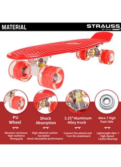 STRAUSS STRAUSS Cruiser PW Skateboard| Penny Skateboard | Casterboard | Anti-Skid Board with ABEC-7 High Precision Bearings | PU Wheel with LED Light |Ideal for 8 Years and Above | 22 X 6 Inch,(Red)  - Image 3