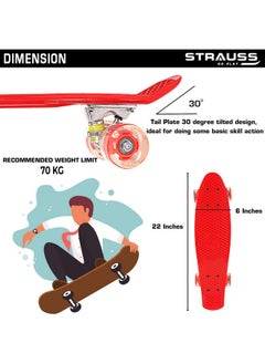 STRAUSS STRAUSS Cruiser PW Skateboard| Penny Skateboard | Casterboard | Anti-Skid Board with ABEC-7 High Precision Bearings | PU Wheel with LED Light |Ideal for 8 Years and Above | 22 X 6 Inch,(Red)  - Image 2
