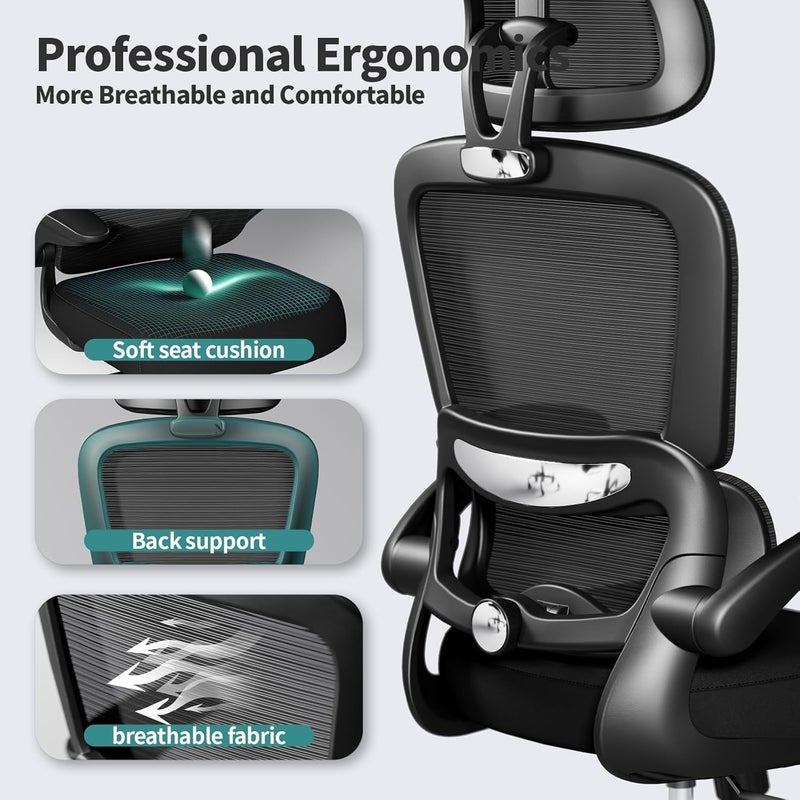 TRALT Office Chair Ergonomic Desk Chair, 330 LBS Home Mesh Office Desk Chairs with Wheels, Comfortable Gaming Chair, High Back Office Chair for Long Hours (Black) (Dark Black) - Image 4