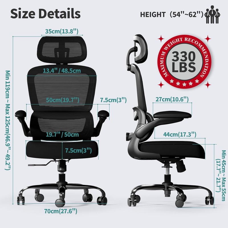 TRALT Office Chair Ergonomic Desk Chair, 330 LBS Home Mesh Office Desk Chairs with Wheels, Comfortable Gaming Chair, High Back Office Chair for Long Hours (Black) (Dark Black) - Image 2