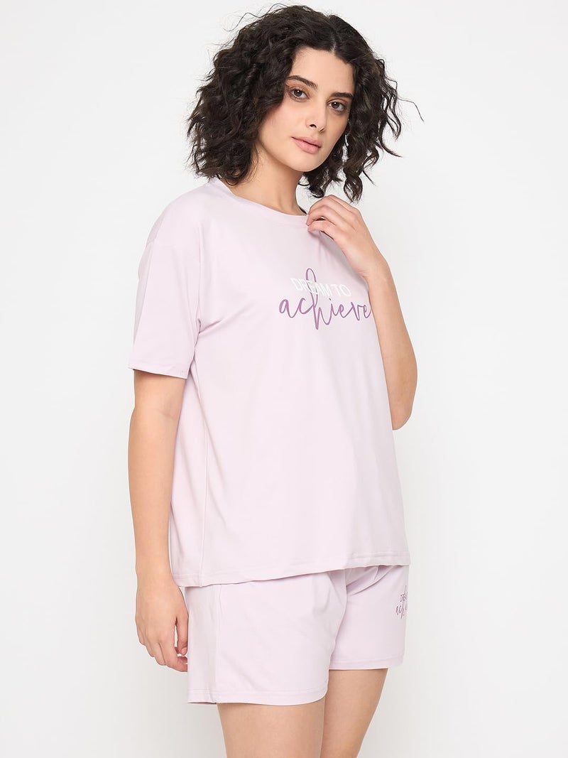 CAMEY T-Shit & Shorts Night Suit for Women, Comfortable for Summer Nights, Printed Regular Fit Two Piece Set, 2 Pockes Shorts, Home Wear, Lounge Wear Co Ord Set (Purple) (L) - Image 4