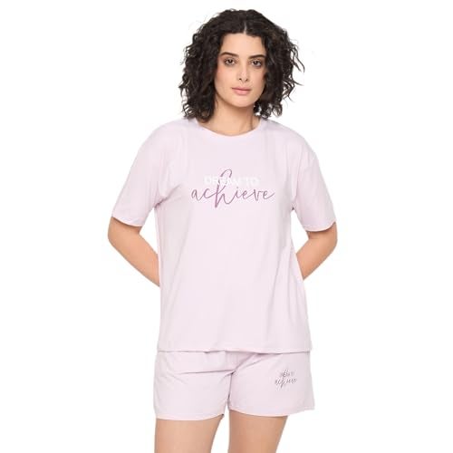 CAMEY T-Shit & Shorts Night Suit for Women, Comfortable for Summer Nights, Printed Regular Fit Two Piece Set, 2 Pockes Shorts, Home Wear, Lounge Wear Co Ord Set (Purple) (L) - Image 1