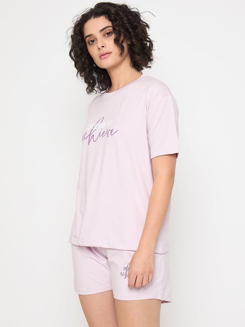 CAMEY T-Shit & Shorts Night Suit for Women, Comfortable for Summer Nights, Printed Regular Fit Two Piece Set, 2 Pockes Shorts, Home Wear, Lounge Wear Co Ord Set (Purple) (L) - Image 3
