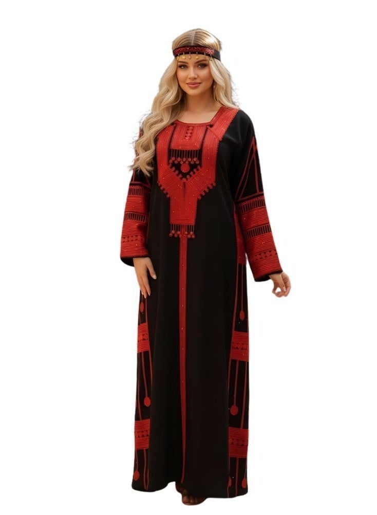 Premium Black and Red Asiri Jalabiya for Women – Traditional Saudi Foundation Day Asiri Dress with Bold Tribal Embroidery, Heritage Cultural Jalabiya, Elegant Long Asiri Outfit for National Celebrations - Image 1