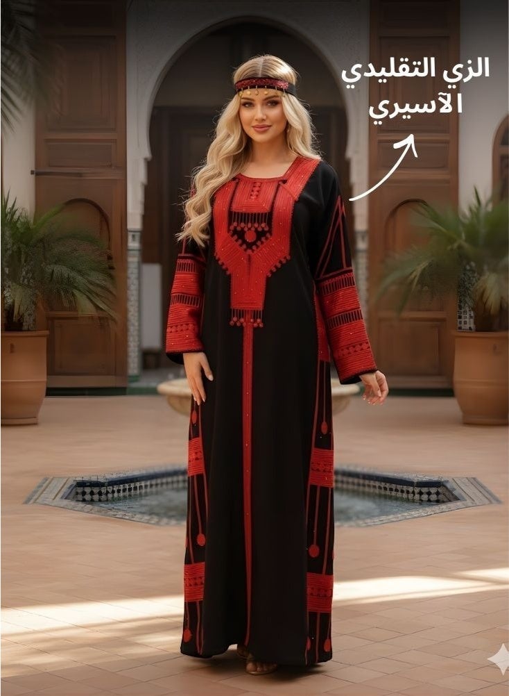 Premium Black and Red Asiri Jalabiya for Women – Traditional Saudi Foundation Day Asiri Dress with Bold Tribal Embroidery, Heritage Cultural Jalabiya, Elegant Long Asiri Outfit for National Celebrations - Image 2
