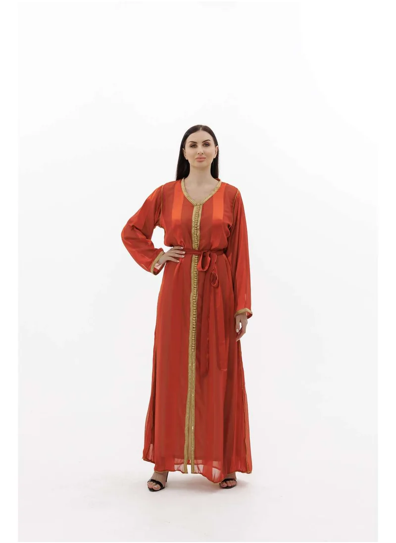 HANA & SARA LONG CLASSY SIMPLE ORANGE COLOUR FRONT LACE BUTTON LINING ARABIC KAFTAN JALABIYA DRESS