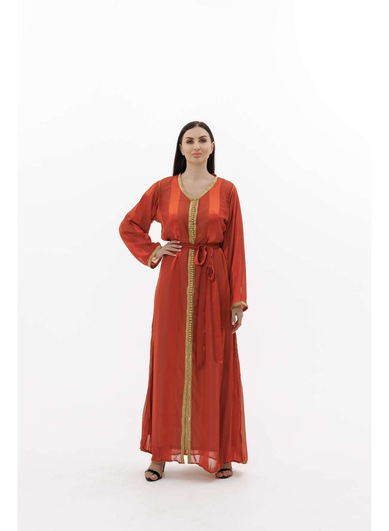 HANA & SARA LONG CLASSY SIMPLE ORANGE COLOUR FRONT LACE BUTTON LINING ARABIC KAFTAN JALABIYA DRESS  - Image 1