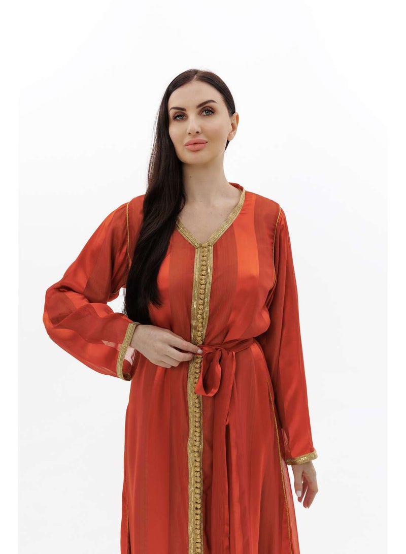HANA & SARA LONG CLASSY SIMPLE ORANGE COLOUR FRONT LACE BUTTON LINING ARABIC KAFTAN JALABIYA DRESS  - Image 3
