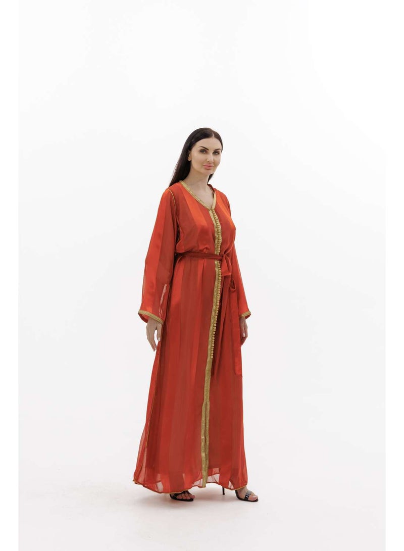 HANA & SARA LONG CLASSY SIMPLE ORANGE COLOUR FRONT LACE BUTTON LINING ARABIC KAFTAN JALABIYA DRESS  - Image 4