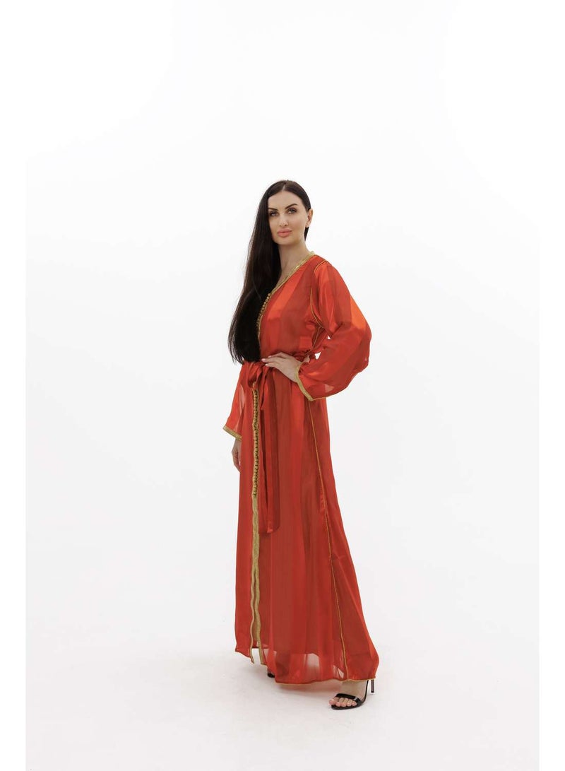 HANA & SARA LONG CLASSY SIMPLE ORANGE COLOUR FRONT LACE BUTTON LINING ARABIC KAFTAN JALABIYA DRESS  - Image 5