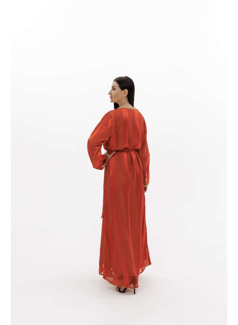 HANA & SARA LONG CLASSY SIMPLE ORANGE COLOUR FRONT LACE BUTTON LINING ARABIC KAFTAN JALABIYA DRESS  - Image 2