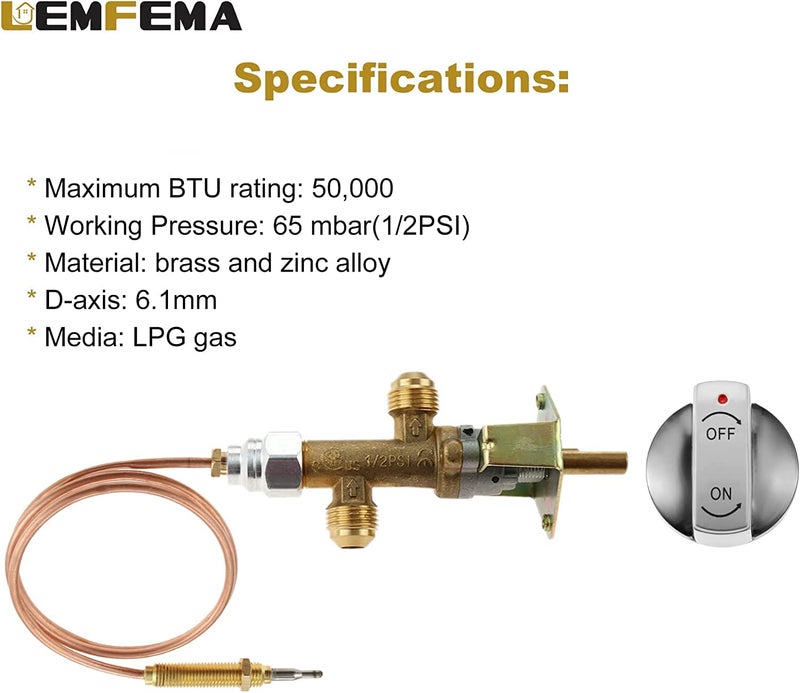 Lemfema Low Pressure LPG Propane Gas Fireplace Fire Pit Flame Failure Safety Control Valve with Thermocouple Knob Switch Kit with 5/8â€-18UNF(3/8" Flare Inlet & Outlet) for Propane Fire Pit, Fireplace - Image 4