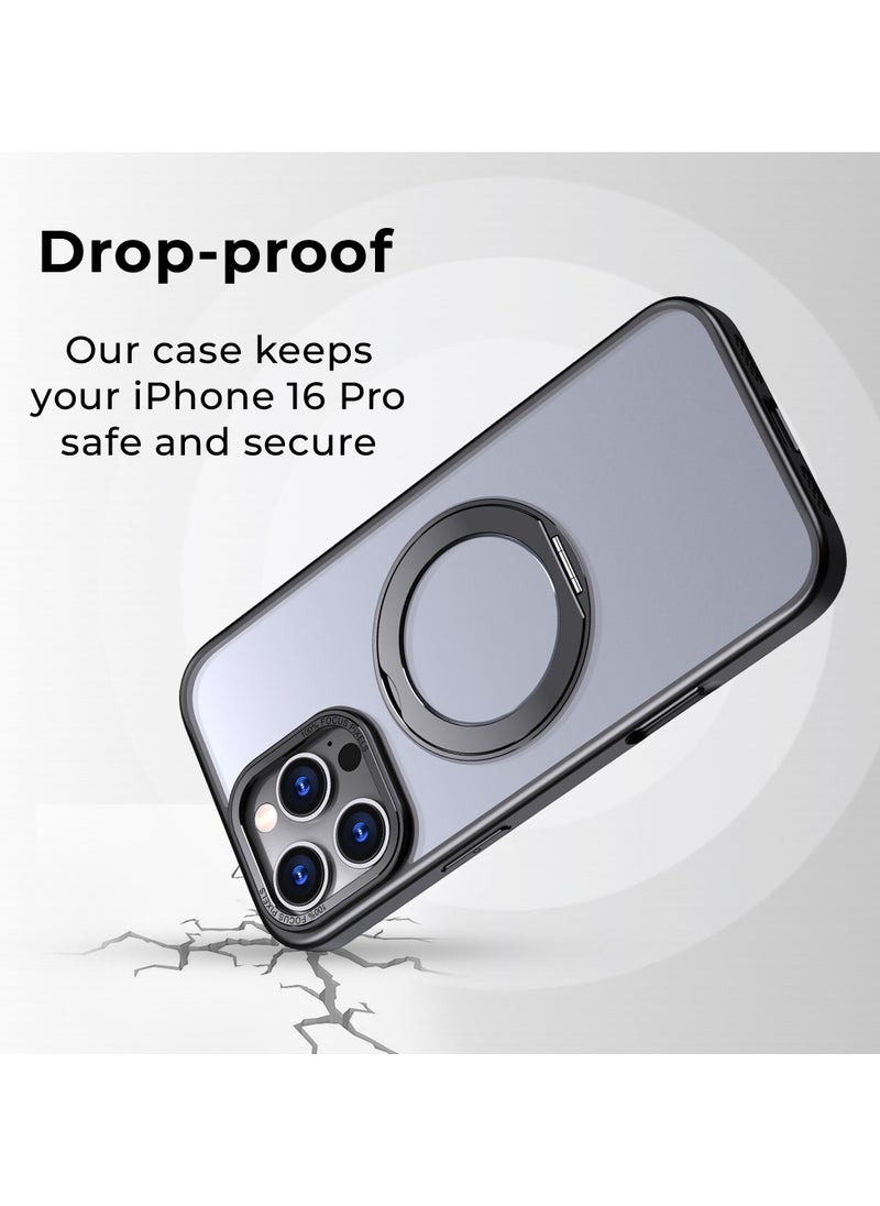 iPhone 16 Pro 360° Rotate Ring Stand MagSafe Case Shockproof Wireless Charging Compatible Adjustable Kickstand (Black)