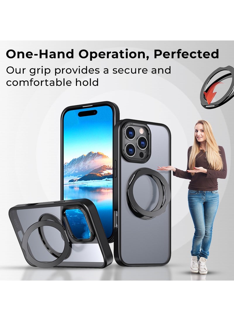 iPhone 16 Pro 360° Rotate Ring Stand MagSafe Case Shockproof Wireless Charging Compatible Adjustable Kickstand (Black)