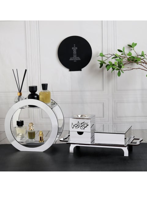 An Incense Burner Made of Luxurious Acrylic with an Arabic Phrase on it, with a Stand for Organizing Perfumes and a Box for Storing Incense. It Comes with an Elegant Incense Tray.