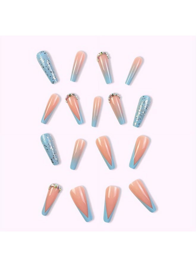 MISUD Press on Nails - Long Coffin Glue on Nails with Summer Blue, Acrylic French Tip Design 24 pcs - Image 3