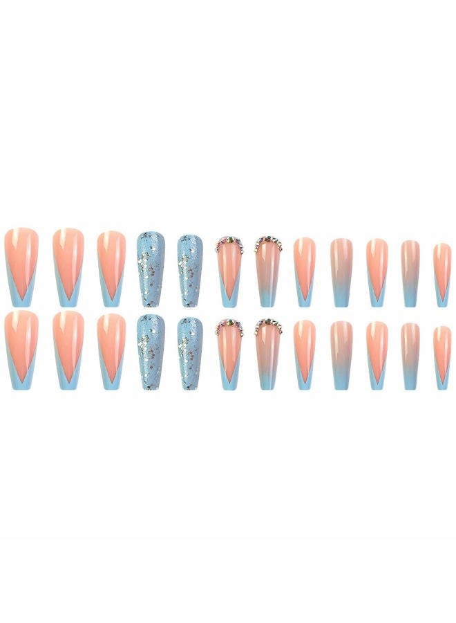 MISUD Press on Nails - Long Coffin Glue on Nails with Summer Blue, Acrylic French Tip Design 24 pcs - Image 2