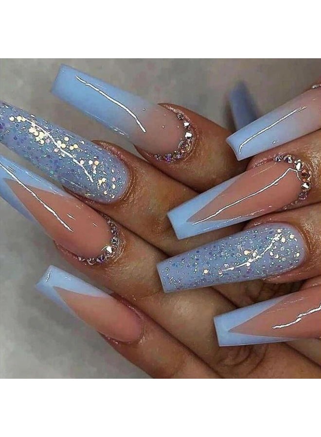 MISUD Press on Nails - Long Coffin Glue on Nails with Summer Blue, Acrylic French Tip Design 24 pcs - Image 1