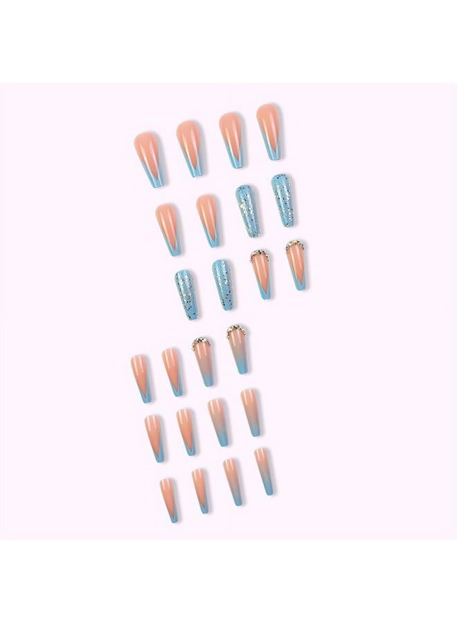 MISUD Press on Nails - Long Coffin Glue on Nails with Summer Blue, Acrylic French Tip Design 24 pcs - Image 4