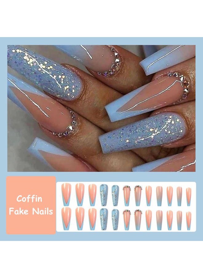 MISUD Press on Nails - Long Coffin Glue on Nails with Summer Blue, Acrylic French Tip Design 24 pcs - Image 5