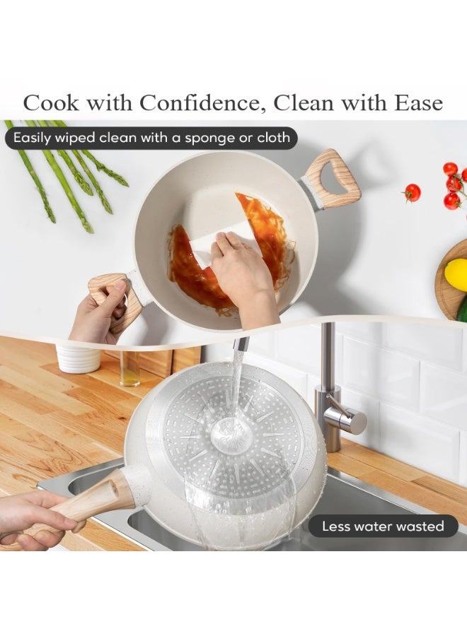 بواو طور مطبخك مع مجموعة أواني الطهي المقاومة للالتصاق من BOAO - مجموعة أواني طهي مكونة من 12 قطعة تتميز بسلامة معتمدة من إدارة الغذاء والدواء الأمريكية (FDA) وسهولة التنظيف وتصميم أنيق - متوافقة مع جميع أنواع المواقد (لون أبيض) - Image 5